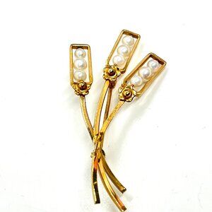 VINTAGE VAN DELL 14K GF Brooch Pin Gold Filled Pearl Floral Signed VD Gold